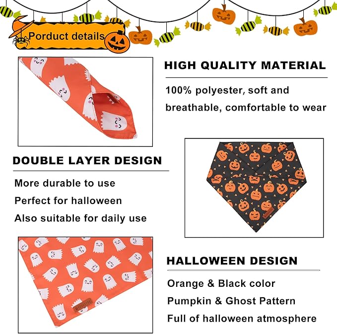 ADOGGYGO Halloween Dog Bandanas 2 Pack, Reversible Pumpkin Ghost Scarf - Image 5