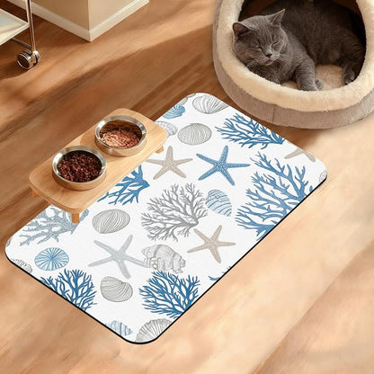 Seashell Beach Feeding Mat, Coral Starfish Absorbent Quick-Dry Cat Dog Food and by Unknown