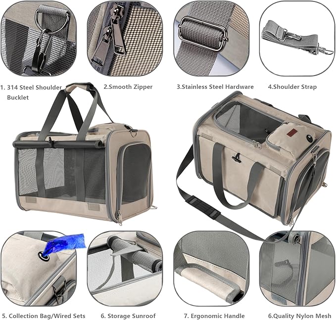 Small Dogs Carriers Airline Approved Khaki Softside Cats Carrier Travel Bag - Image 3