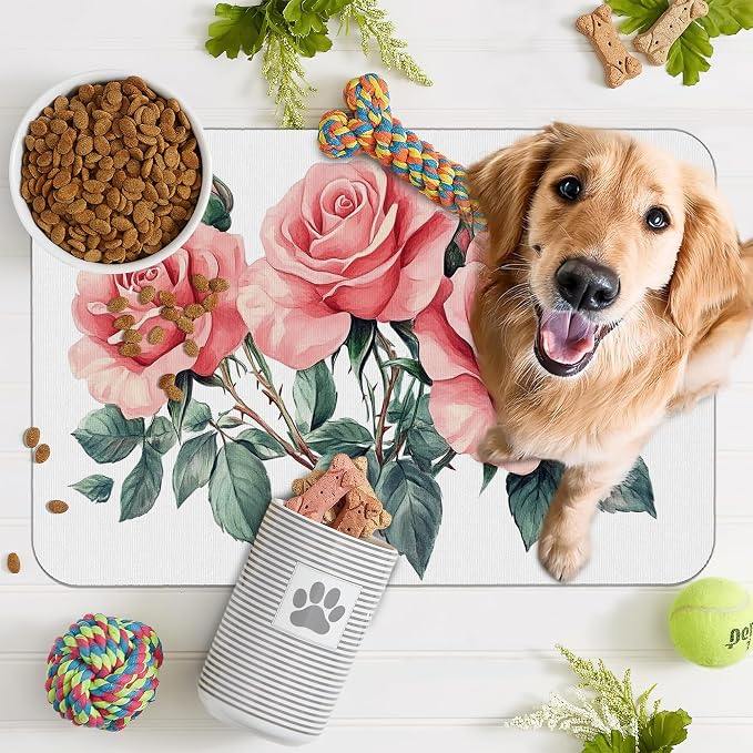 Pink Rose Pet Feeding Mat, Vintage Absorbent Quick-Dry Cat Dog Food and Water - Image 7