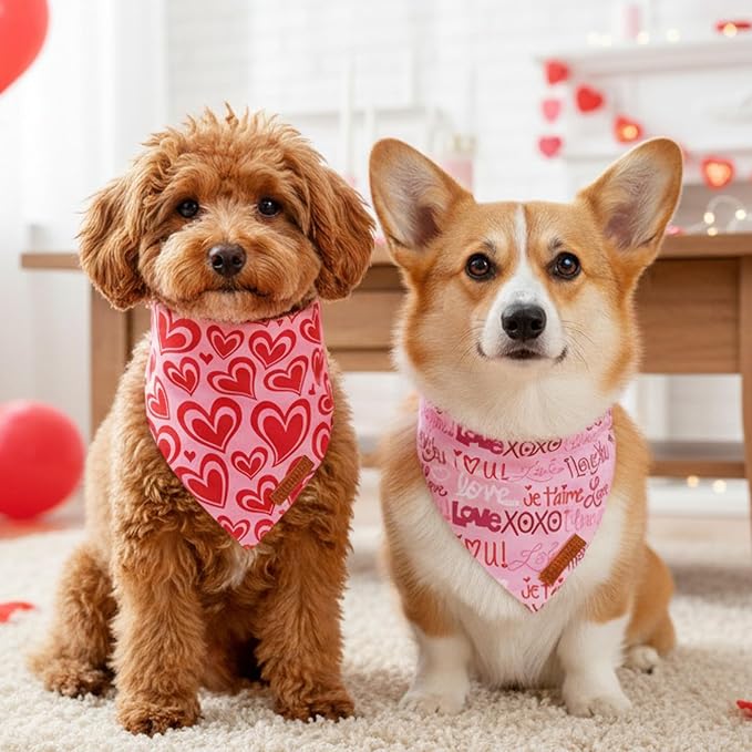 ADOGGYGO Valentine Dog Bandanas 2 Pack, Reversible Heart Love Print Puppy Scarf - Image 3