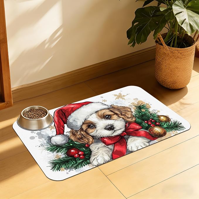 Christmas Dog and Cat Food Mat, Absorbent Feeding Placemat, Waterproof Non-Slip by QSOQSO