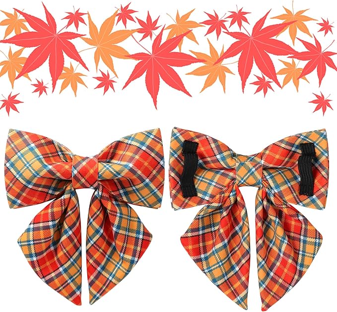 Autumn Plaid Dog Collar and Bow Tie Set – Orange Yellow Checkered Adjustable - Image 3