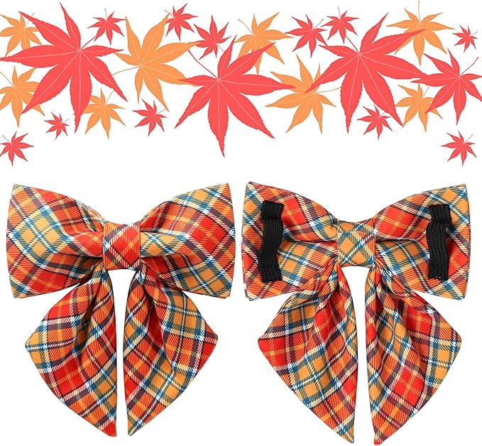 Autumn Plaid Dog Collar and Bow Tie Set – Orange Yellow Checkered Adjustable - Image 3
