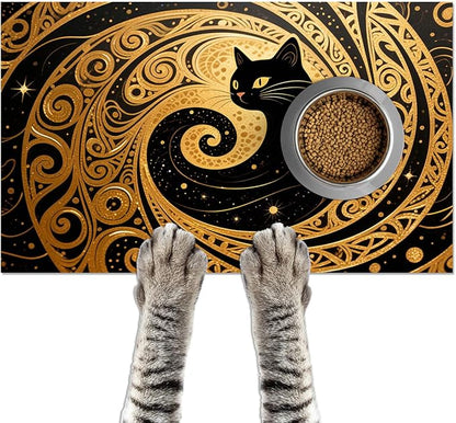 Cat Feeding Mat 24x16 inch Gold Black Artistic Cat Print Pet Bowl Placemat Non by HOMETITUTE