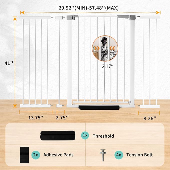 41" Tall Safety Pet Gate, Adjustable 29.92"-57.48" Wide, No Drilling Pressure - Image 2