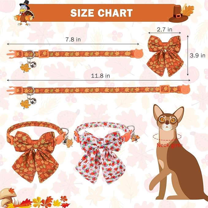 SCENEREAL Fall Cat Collar with Bell & Stylish Bowtie, Turkey Maple Leaf Pattern - Image 6