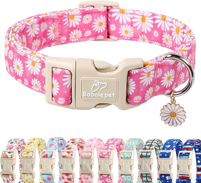 Summer Daisy Dog Collar, Cute Floral Adjustable Pink Dog Collars by Babolepet