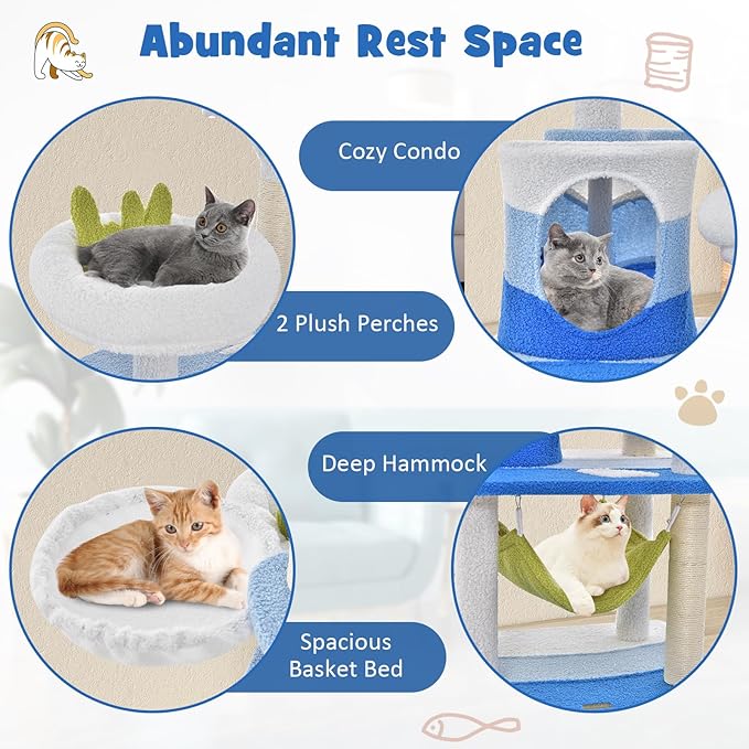Tangkula Ocean-Themed Cat Tree, Jump Platforms, Hanging Interactive Toys - Image 6