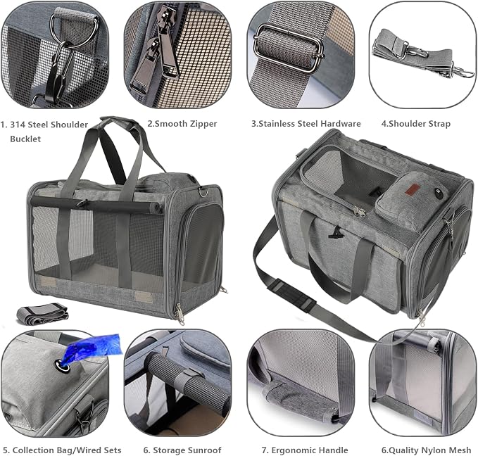 Cat Carriers Soft Grey Small Dog Carrier Airline Approved, Pets Travel Bag - Image 3