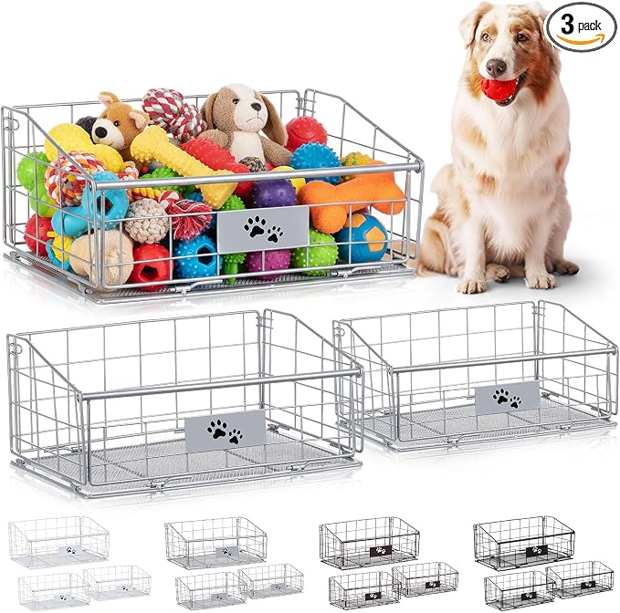 Mimorou 3 Pack Metal Dog Toy Baskets Multi-sized Foldable Dog Toy Bins Box by Mimorou
