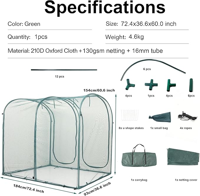 Poray Large Tunnel 73''x37''x61''Plant Netting Cover, 5FT Tall Crop Cage Tomato - Image 3