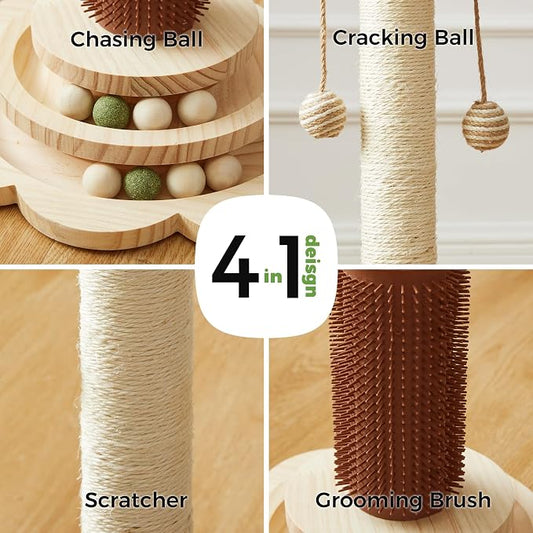 Cat Sisal Scratching Post, 4 in 1 Wooden Cat Scratcher Toy - Image 2