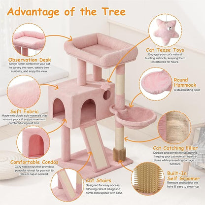 36-Inch Cat Tree for Small Cats, Cozy Condo & Scratching Board, Soft Pink Cat - Image 4
