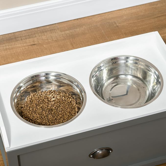 PawHut Feeding Station with Storage Drawer, Food Storage Cabinet with 2 - Image 8
