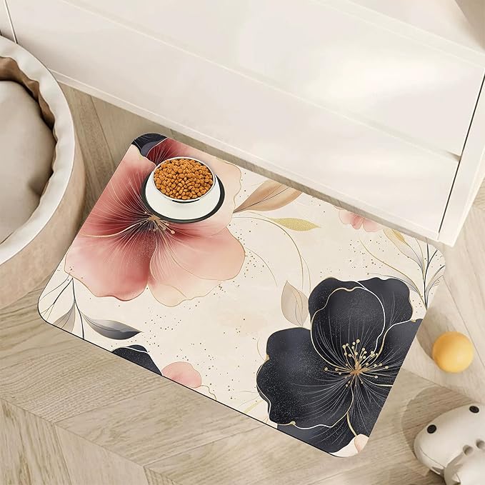 Pink Floral Pet Feeding Mat, Boho Flower Absorbent Quick-Dry Cat Dog Food and by Unknown