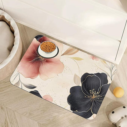 Pink Floral Pet Feeding Mat, Boho Flower Absorbent Quick-Dry Cat Dog Food and by Unknown