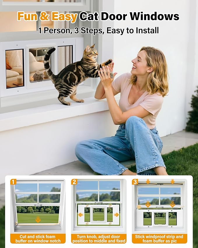 Cat Door for Window Weatherproof: Aluminum Frame Flap Pet Door Quick Fit Window - Image 7
