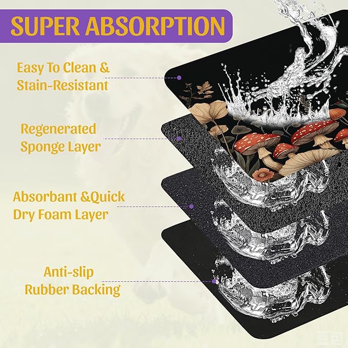 Vintage Mushroom Flower Pet Feeding Mat, Absorbent Dog Cat Bowl Pad, Fast Dry - Image 3