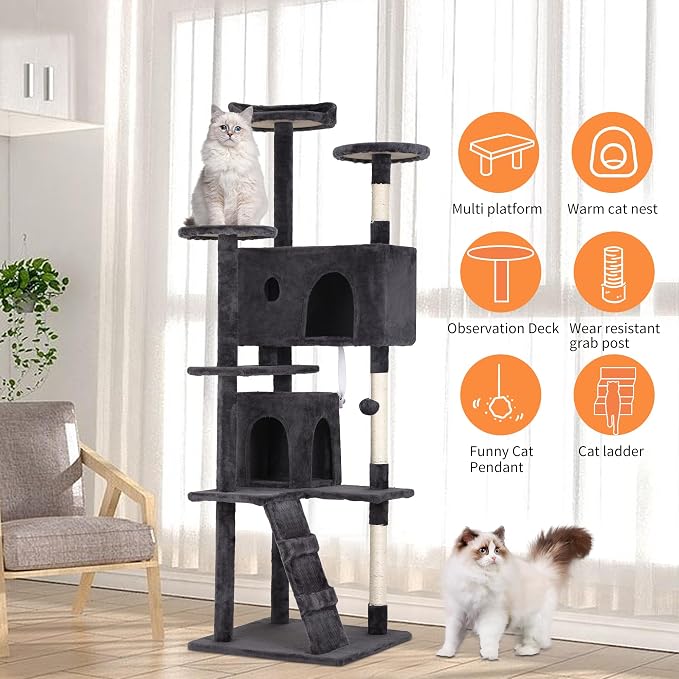 BestPet | 70" Cat Tree Tower | Dark Gray | Sturdy, Hanging Cat Toys, - Image 5
