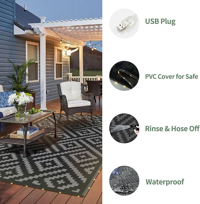 GENIMO Outdoor Rug with LED Strip Lights, Reversible Plastic Straw Rugs - Image 7