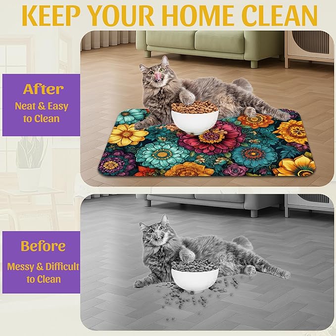 Vintage Floral Pet Feeding Mat, Fast-Dry Absorbent Dog and Cat Bowl Mat - Image 4