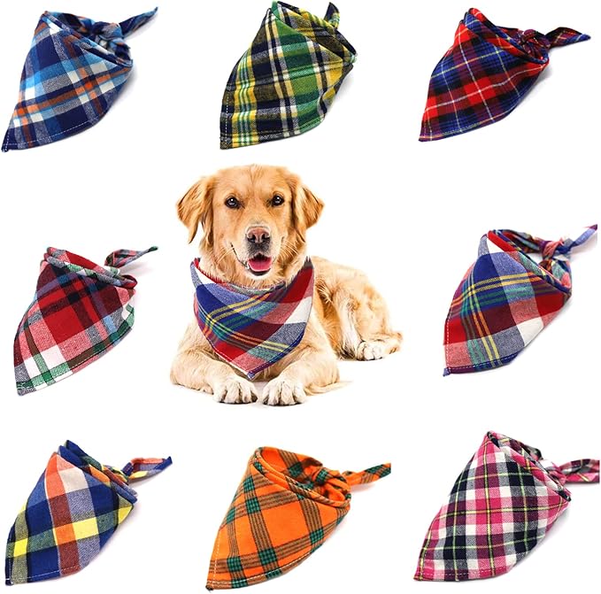 8 Pack Triangle Dog Bandanas, Reversible Plaid Painting Bibs Scarf Large Dog by VIPITH