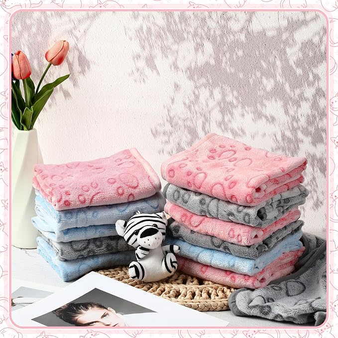 Tegeme 12 Pcs Pet Blankets Soft Fluffy Fleece Dog Cat Warm Paw Print Pattern - Image 4