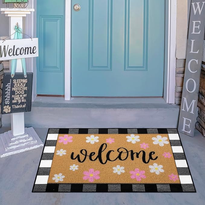 Tinideya 2 Pcs Spring Welcome Door Mat Outdoor Pink Flower Doormats - Image 6