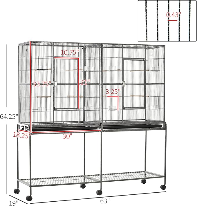 PawHut 65" Double Rolling Metal Bird Cage - Image 7