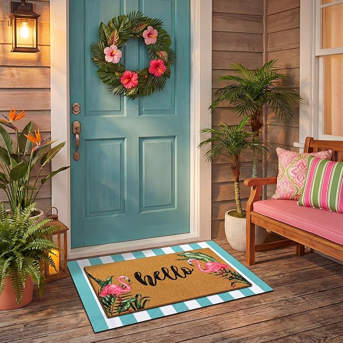 Tinideya 2 Pcs Summer Door Mat Flamingo Welcome Non Slip Coir Hello Mats Floor - Image 3