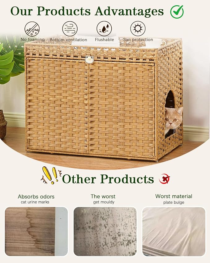 Cat Litter Box Enclosure Furniture, Handwoven Rattan Hidden Litter Box - Image 3