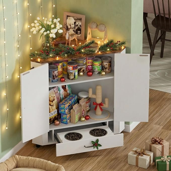 PakaLife Farmhouse Dog Food Storage Corner Cabinet, Dog Feeding Station - Image 3