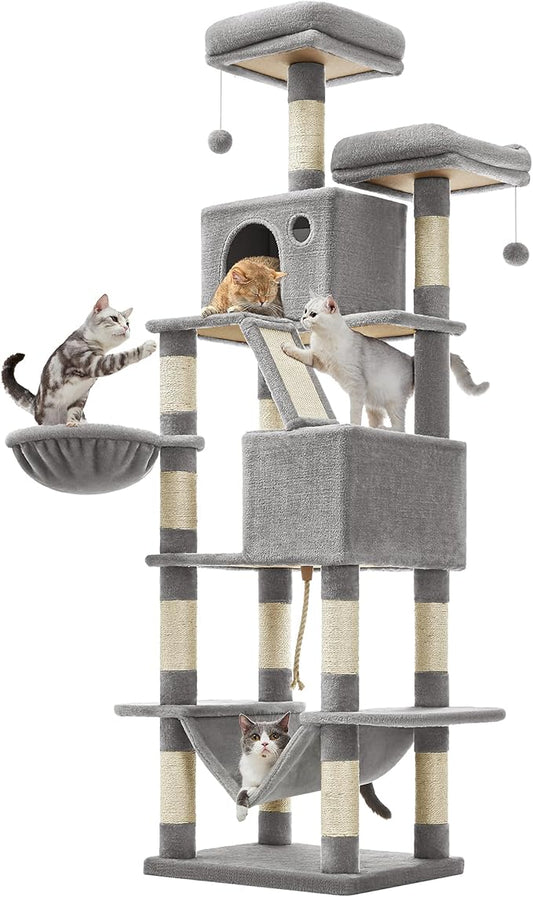 Feandrea Cat Tree, 81.1-Inch Large Cat Tower, 2 Perches, 2 Caves, Light Gray by FeandreabySONGMICSHOME