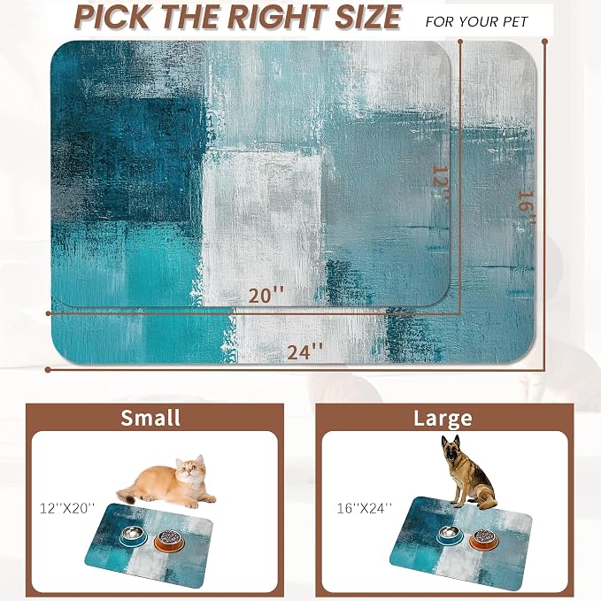 Turquoise Grey Dog Cat Food Mat, Teal Modern Art Absorbent Pet Feeding Mat - Image 2