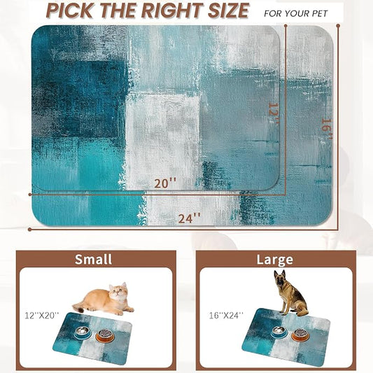 Turquoise Grey Dog Cat Food Mat, Teal Modern Art Absorbent Pet Feeding Mat - Image 2