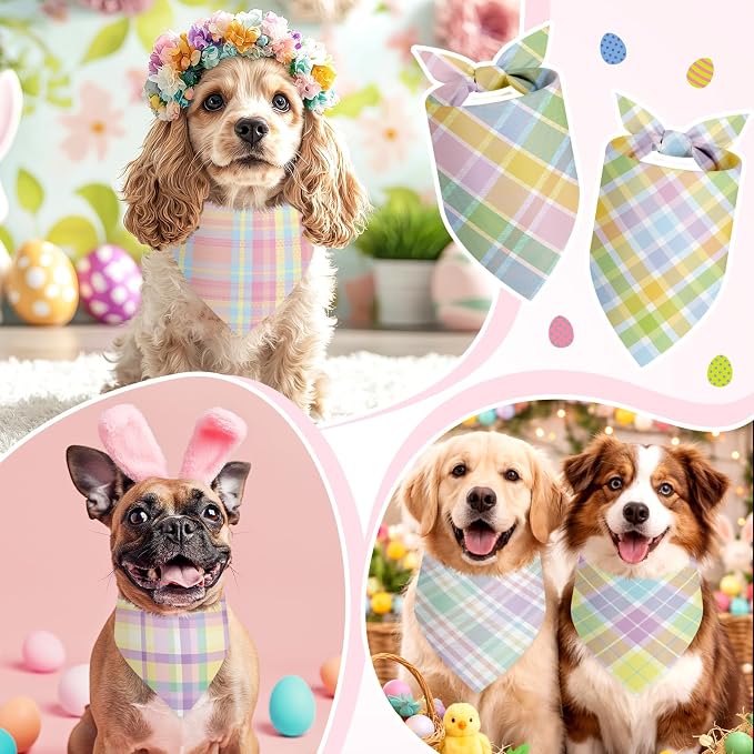 Abbylike 50 Pcs Easter Plaid Dog Bandanas Bulk Pastel Plaid Bandanas - Image 2
