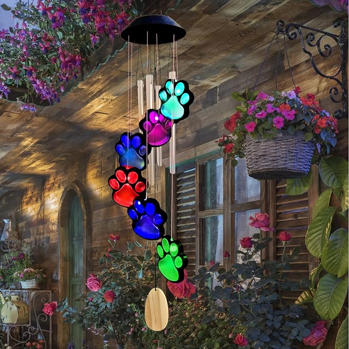 Paw Print Solar Wind Chimes for Outside, Color Changing Paw Prints Wind Chimes by TSIPEKLO