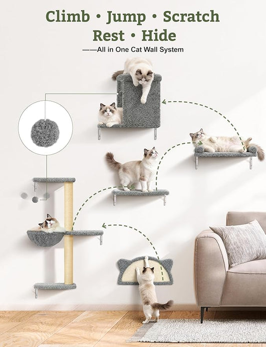 5-in-1 Cat Wall Shelves, Solid Wood & Velvet & Sisal Scratcher, 44lbs Max Load - Image 2