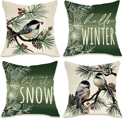 Fahrendom Hello Winter Green Decorative Throw Pillow Covers 20 x 20 Set of 4 by Fahrendom