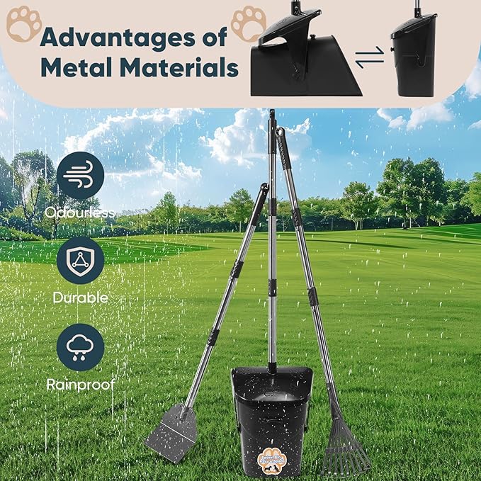 Stainless Steel Dog Pooper Scooper, Rake and Spade, 20 Waste Bags & Hook - Image 2