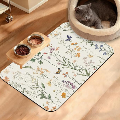 Wildflowers Butterfly Dog Cat Food Mat, Plants Absorbent Waterproof Placemat by Unknown