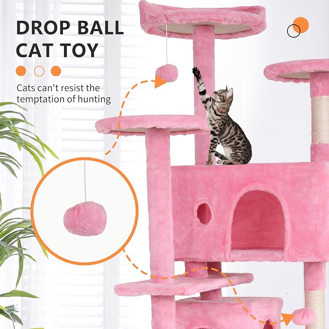 BestPet | 70" Cat Tree Tower | Pink | Sturdy, Hanging Cat Toys, Observation - Image 3