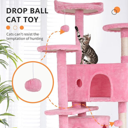 BestPet | 70" Cat Tree Tower | Pink | Sturdy, Hanging Cat Toys, Observation - Image 3