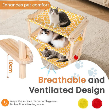 Large 3-Layer Cat Hammock Bed, Breathable Washable Covers, Wooden Pet Furniture - Image 3