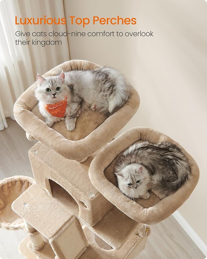 Feandrea Cat Tree, 81.1-Inch Large Cat Tower, 2 Perches, 2 Caves, Camel Brown - Image 3