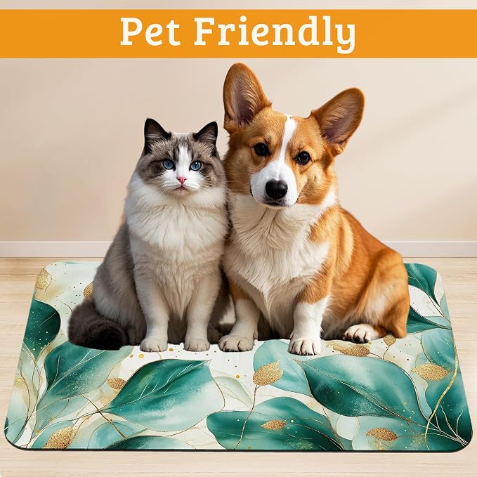 Green Plam Dog Cat Food Mat, Tropical Leaves Absorbent Waterproof Placemat - Image 2