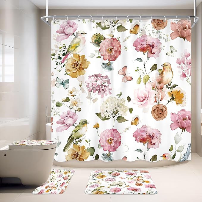 4 PCS Pink Floral Birds Bathroom Set - Image 3