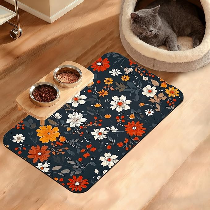 Floral Black Feeding Mat, Absorbent Quick-Dry Cat Dog Food and Water Bowl Mats by Unknown