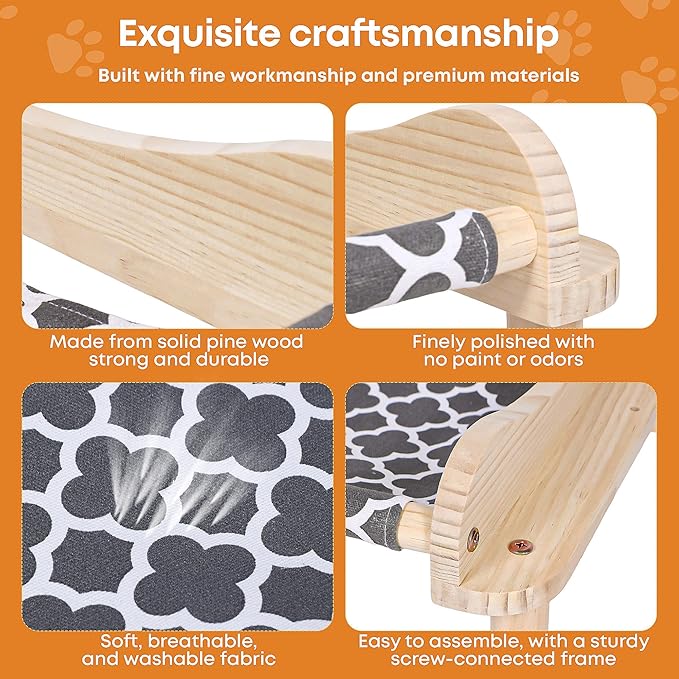 Elevated Wooden Cat Bed – 24"x15.7"x5.9" Breathable Hammock Pet Bed - Image 3